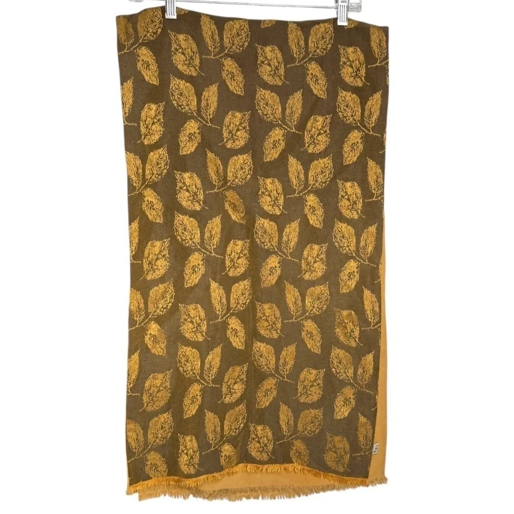 Bloomingdale’s Made In Italy Silk and Wool Scarf With Leaf Motif Golden Yellow